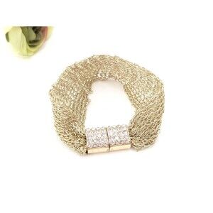 Vintage Gold Tone Rhinestone Woven Mesh Magnetic Glam Bracelet 8"